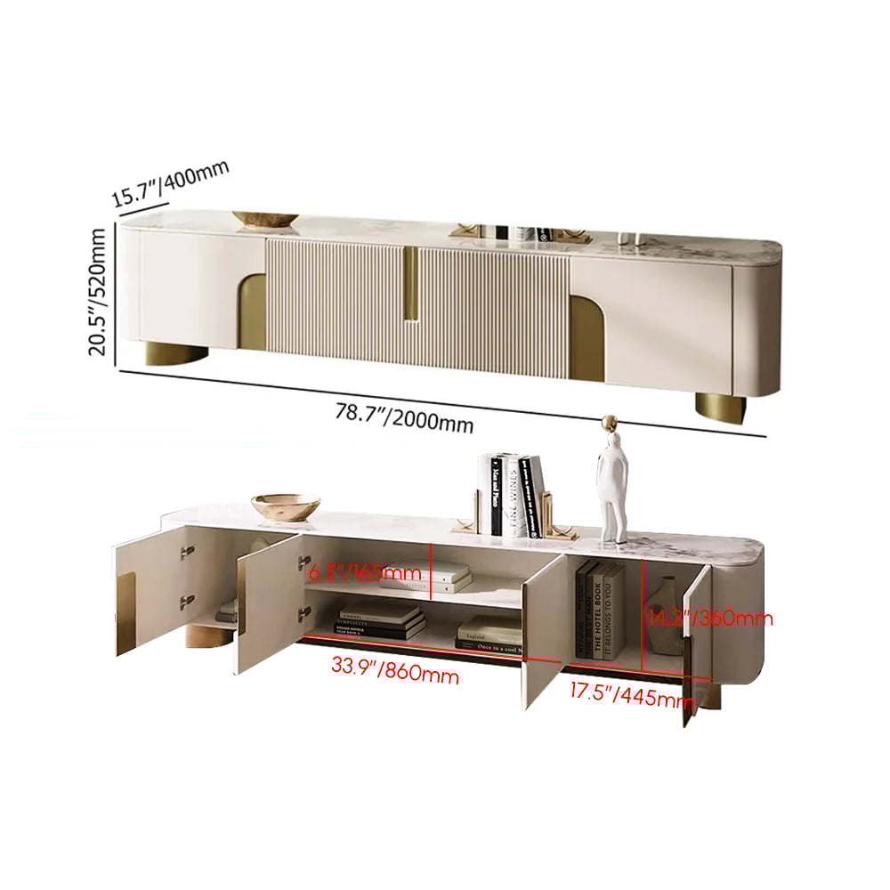 Artus 78.7" Stone Top Beige & Gold TV Stand with 4 Doors and Storage weights dimensions image
