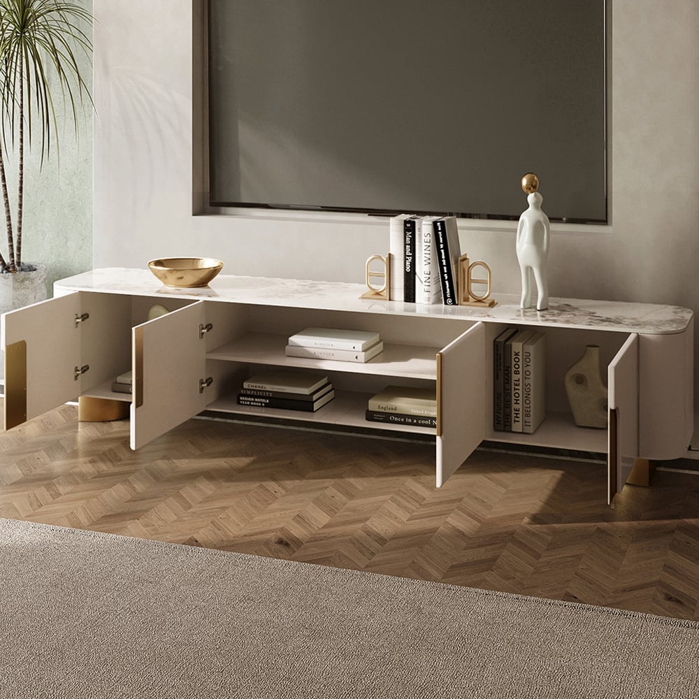 Questions and Answers for Artus 78.7" Stone Top Beige & Gold TV Stand with 4 Doors and Storage