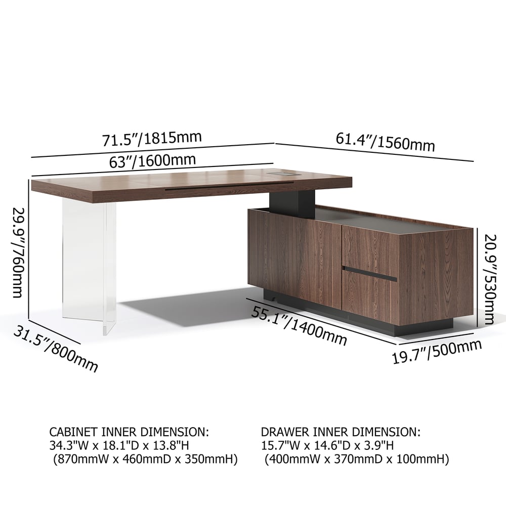 71.5" Modern Walnut Standing L-Shape Executive Desk with lifter Desktop Right Hand weights dimensions image