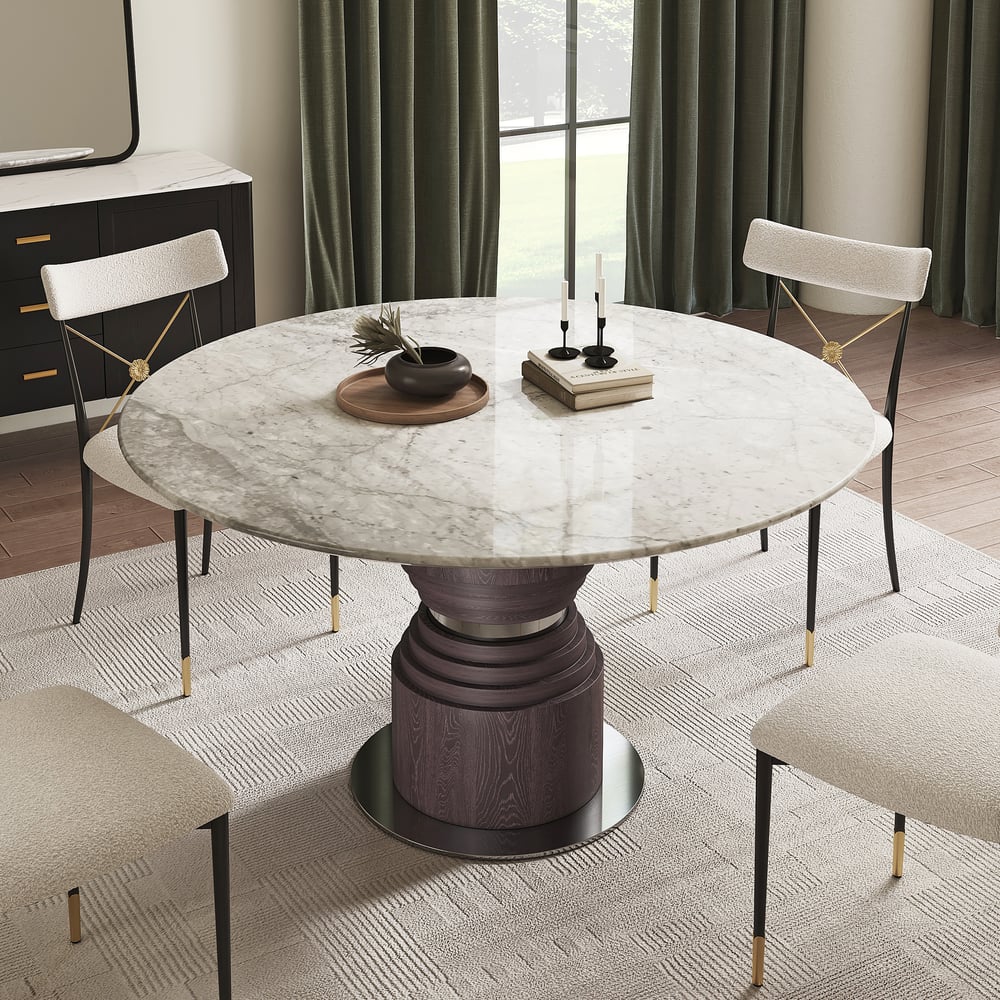 Questions and Answers for 1360mm Grey Faux Marble Round Dining Table with Solid Wood Pedestal