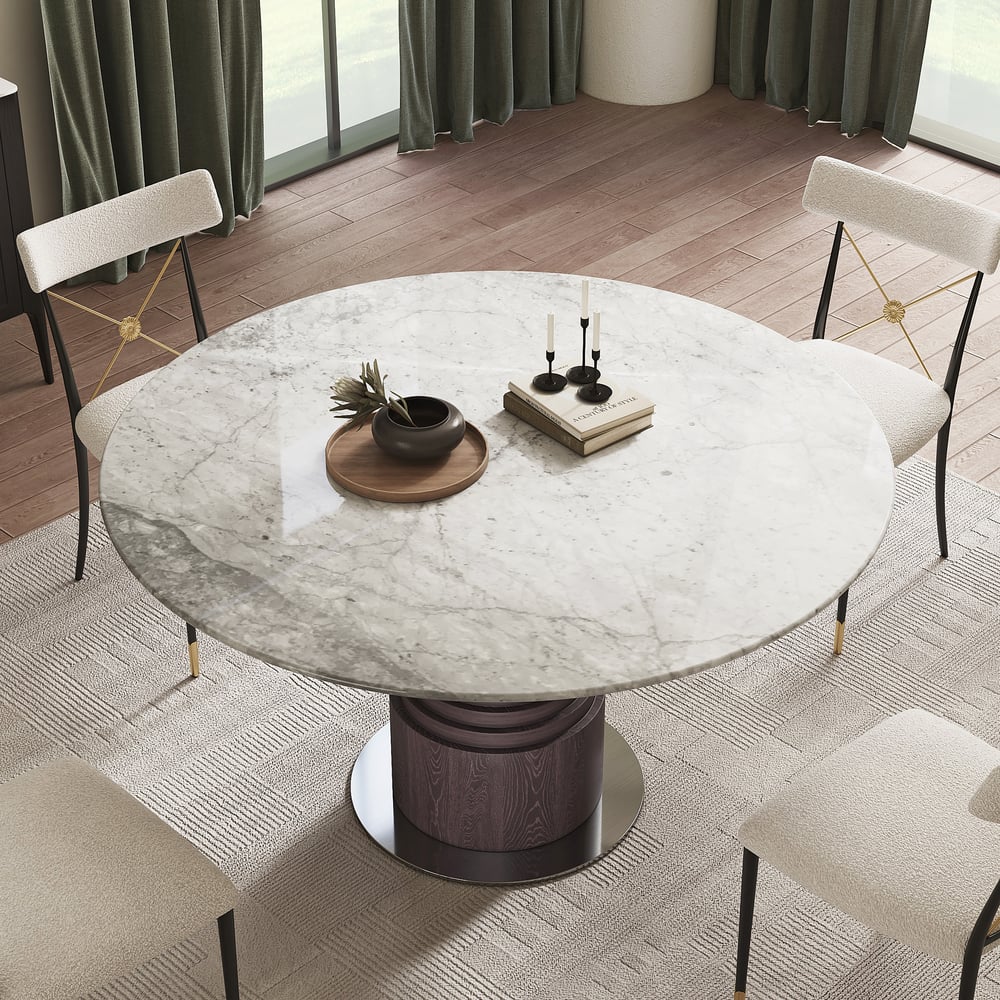 Questions and Answers for 1360mm Grey Faux Marble Round Dining Table with Solid Wood Pedestal