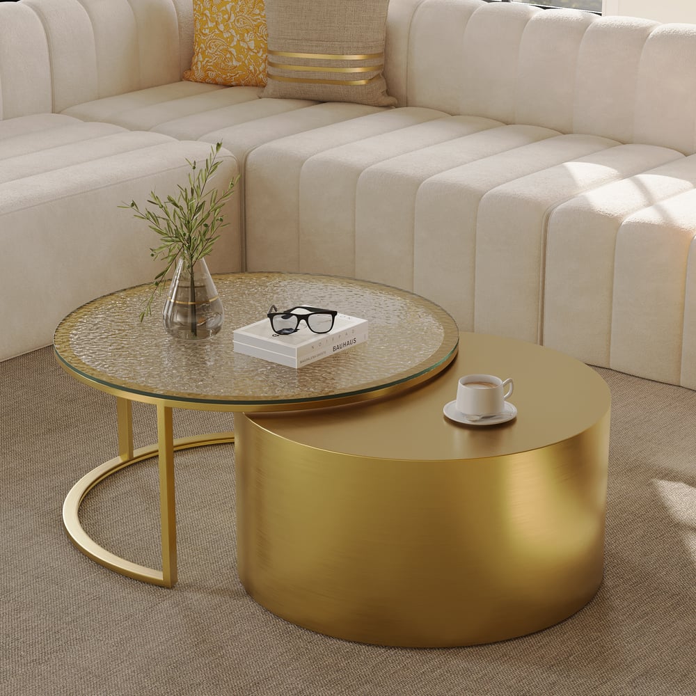 Questions and Answers for 31.5" Gold Round Glass Top Nesting Coffee Table Set