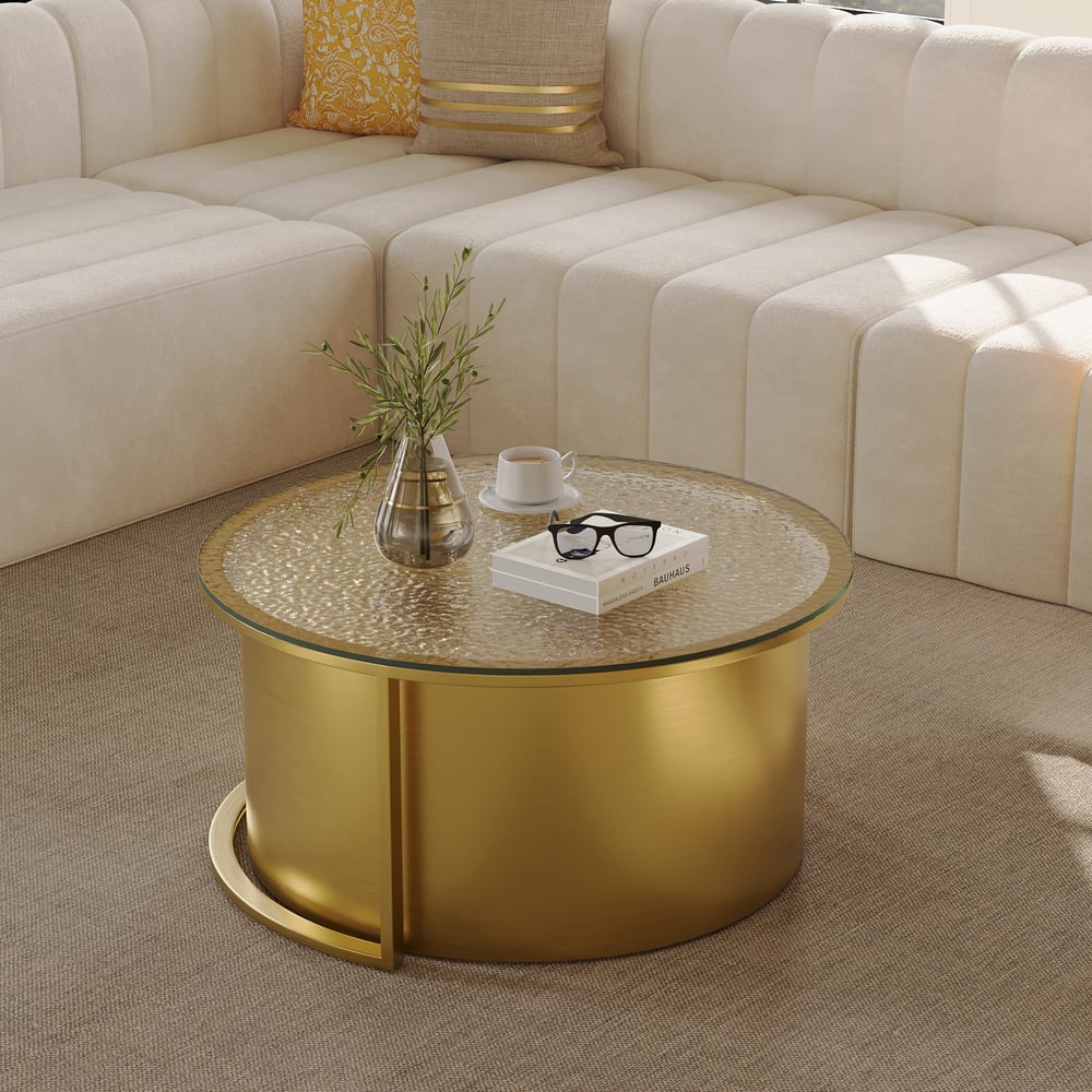 Questions and Answers for 31.5" Gold Round Glass Top Nesting Coffee Table Set