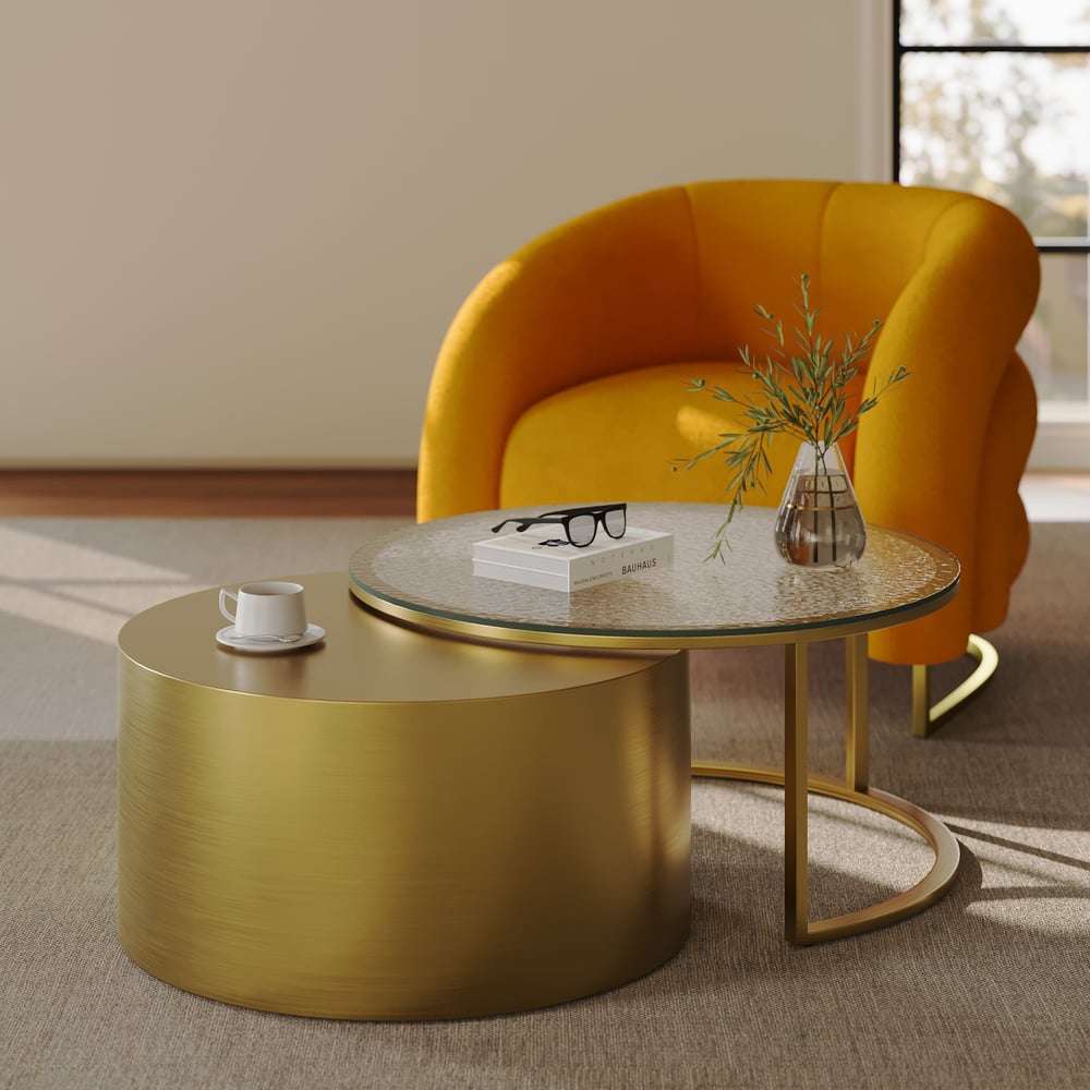 Questions and Answers for 31.5" Gold Round Glass Top Nesting Coffee Table Set