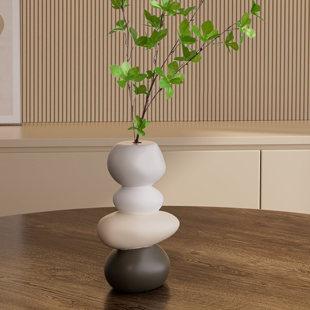 Questions and Answers for Resin Stacked Stone Vase with Faux Indoor Plant Decor Art