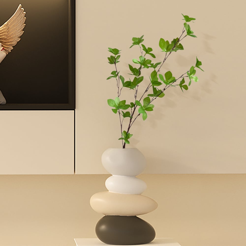 Questions and Answers for Resin Stacked Stone Vase with Faux Indoor Plant Decor Art