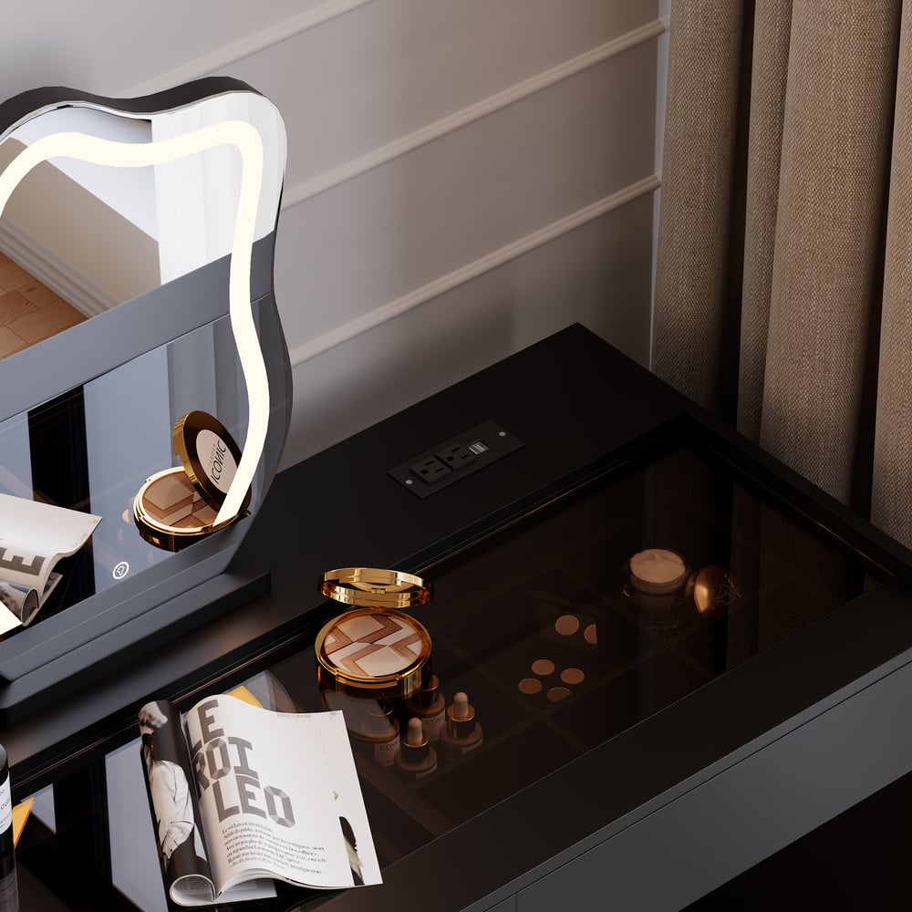 Perguntas e respostas para Mesa de cabeceira LED inteligente com carregamento sem fio e conjunto de maquiagem preta com espelho iluminado