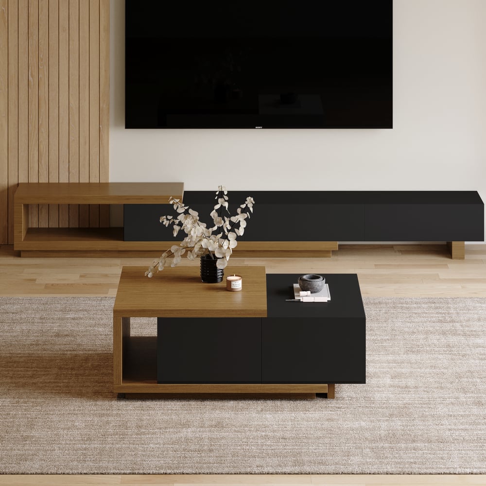 Hodnocení zákazníků pro položku Konferenční stolek Quoint v černé a ořechové barvě se 2 zásuvkami, rozšiřitelný od 1200 mm do 1750 mm