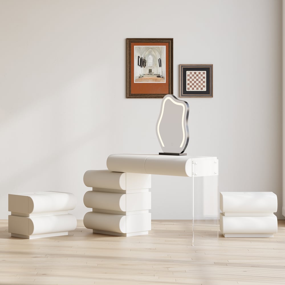 Otázky a odpovědi pro Humply bílý kožený toaletní stolek se zrcadlem a 2 nočními stolky