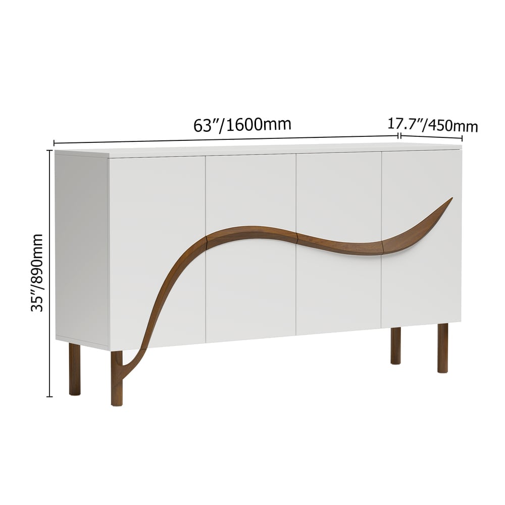 63'' White & Walnut Contemporary Sideboard Cabinet 4-Door weights dimensions image