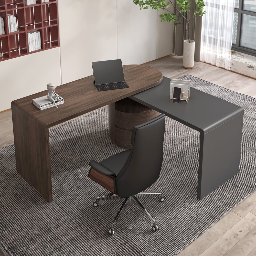 Domande e risposte per Set moderno da scrivania a L in noce e pelle reclinabile, sedia girevole regolabile per ufficio