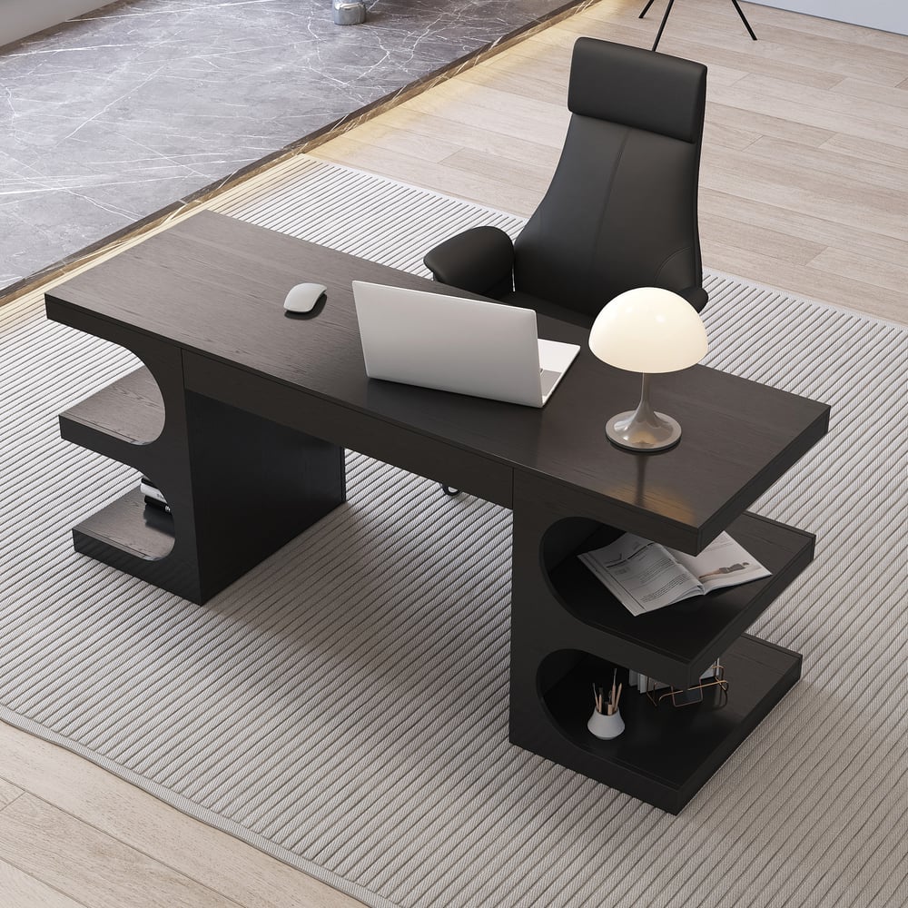 Oceny klientów dla 64,2 „Czarne drewniane biurko i rozkładany skórzany zestaw krzeseł biurowych