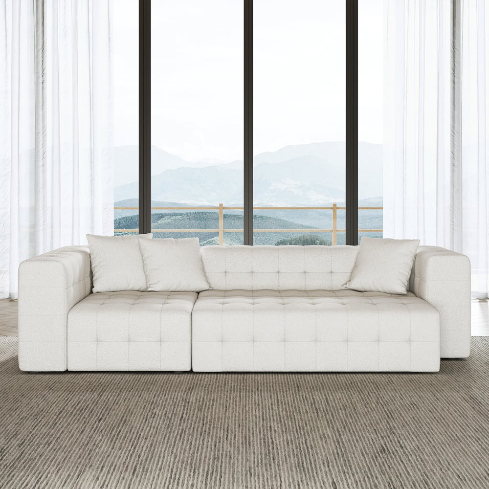 Pytania i odpowiedzi dla 112.2" Biała Tufted Boucle w pełni rozkładana sofa segmentowa Power Sleeper z 3 poduszkami