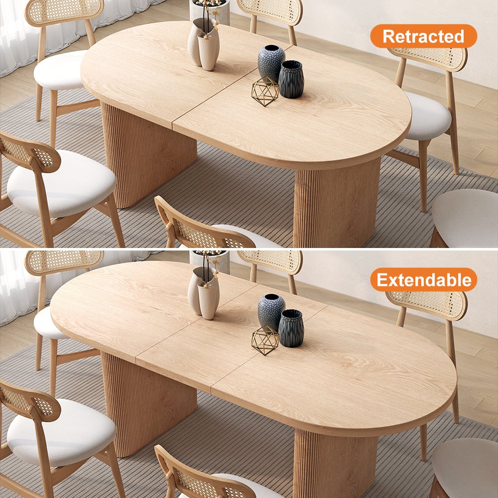 Japandi 63"-79" Oval Extendable Whitewash Dining Table Butterfly Leaf 4-6 Seater