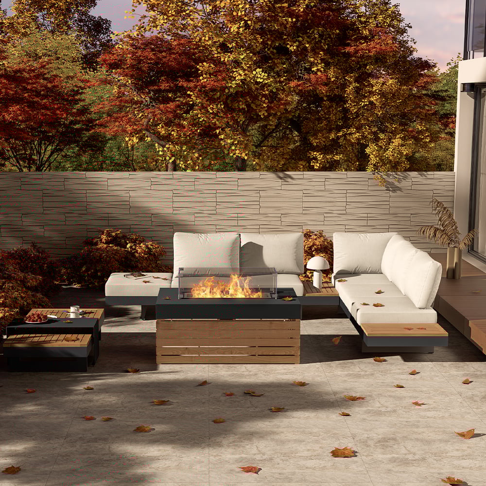 Questions and Answers for 5-Pieces Modular Teak Outdoor Sofa Set with Smokeless Fire Pit for 6 Person in Beige