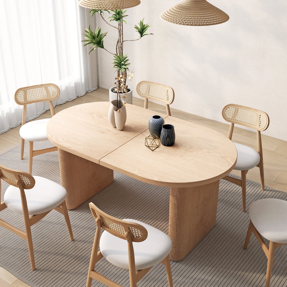 Japandi 63"-79" Oval Extendable Whitewash Dining Table Butterfly Leaf 4-6 Seater