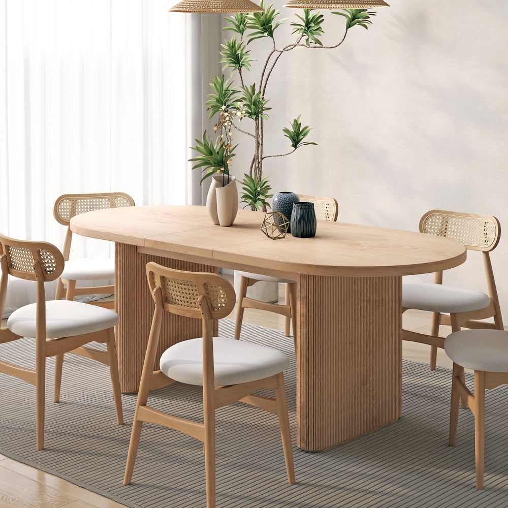 Japandi 63"-79" Oval Extendable Whitewash Dining Table Butterfly Leaf 4-6 Seater
