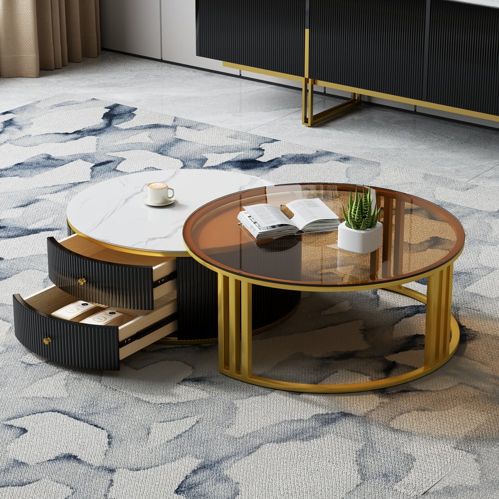 Kundenbewertungen für Grovyn Moderner runder Nesting Couchtisch in Schwarz aus Sinterstein & Glas