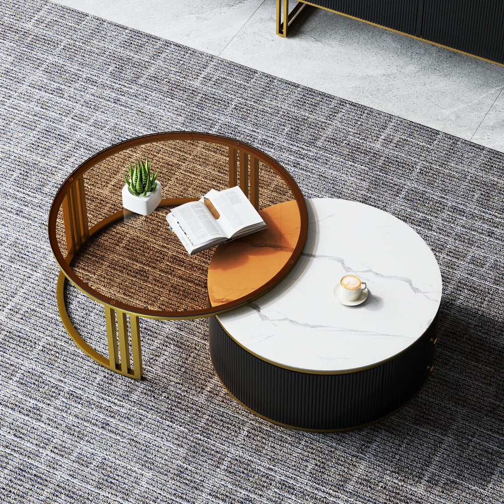 Kundenbewertungen für Grovyn Moderner runder Nesting Couchtisch in Schwarz aus Sinterstein & Glas