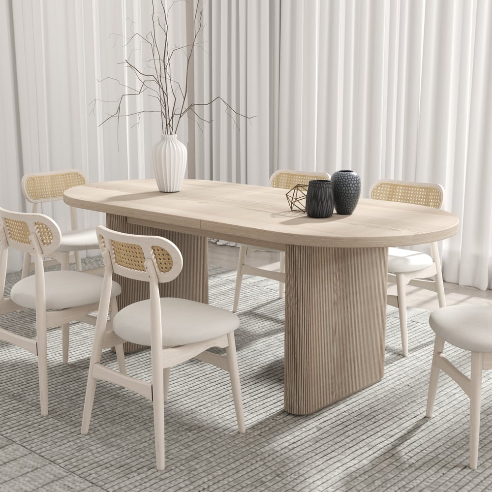 Dining Set 63"-79" Japandi Oval Extendable Dining Table Whitewash with 6 Chairs