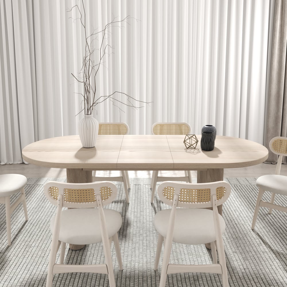 Dining Set 63"-79" Japandi Oval Extendable Dining Table Whitewash with 6 Chairs