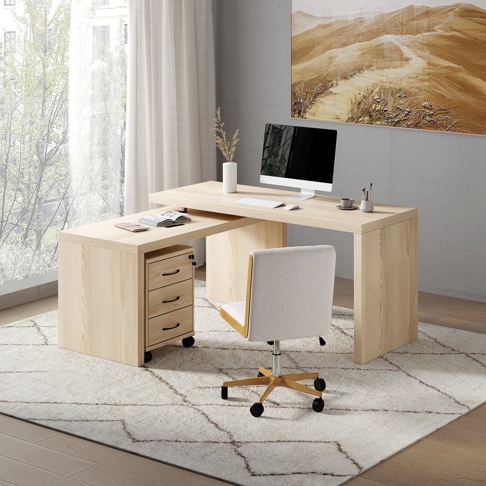 Modern Rotatable L-Shaped Executive Desk with Movable File Cabinet (59.8" )