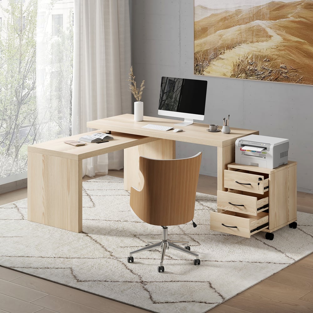 Modern Rotatable L-Shaped Executive Desk with Movable File Cabinet (59.8" )