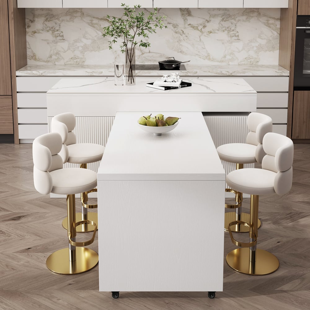 Hodnocení zákazníků pro položku Bílý moderní kuchyňský ostrov s roztažitelným stolem a otočným stolem, s kamennou plochou