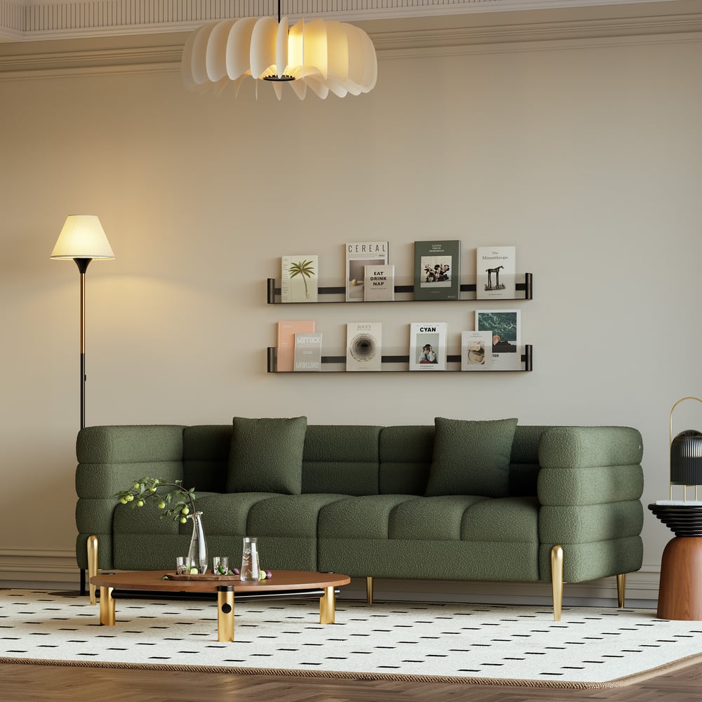 Avaliações de clientes sobre Sofá Aurora de 3 lugares com tecido bouclé preto canelado, pernas e almofadas douradas