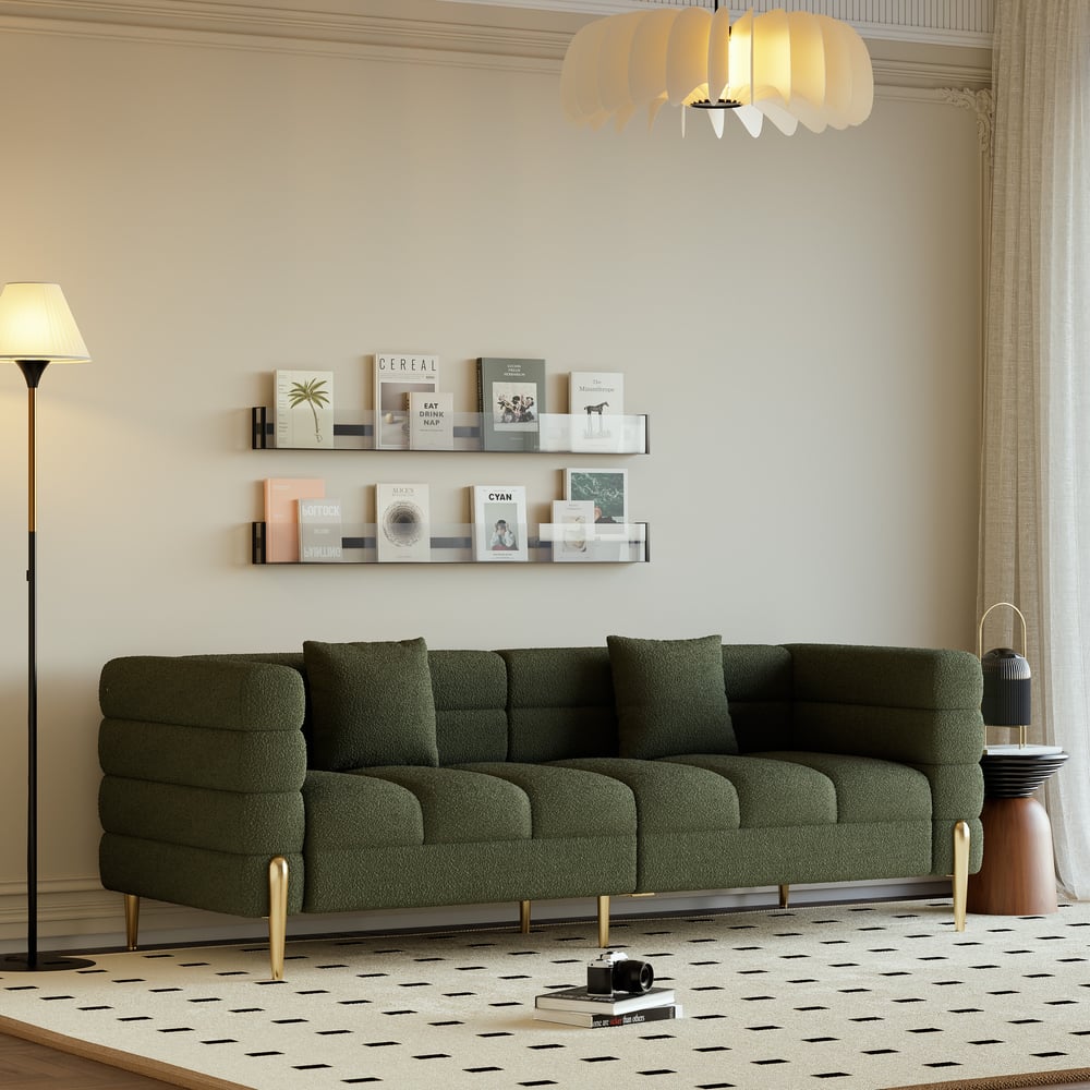 Avaliações de clientes sobre Sofá Aurora de 3 lugares com tecido bouclé preto canelado, pernas e almofadas douradas