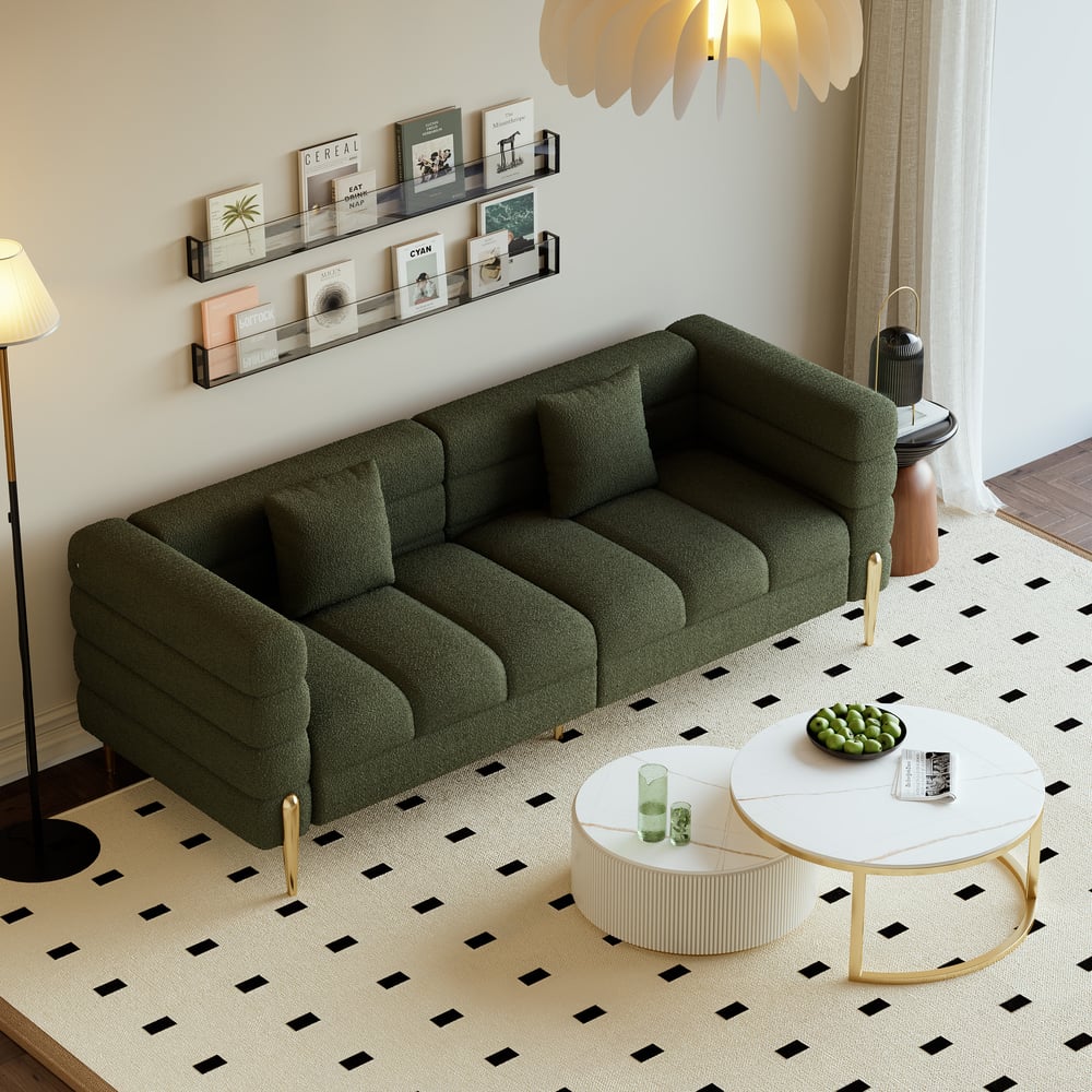 Avaliações de clientes sobre Sofá Aurora de 3 lugares com tecido bouclé preto canelado, pernas e almofadas douradas