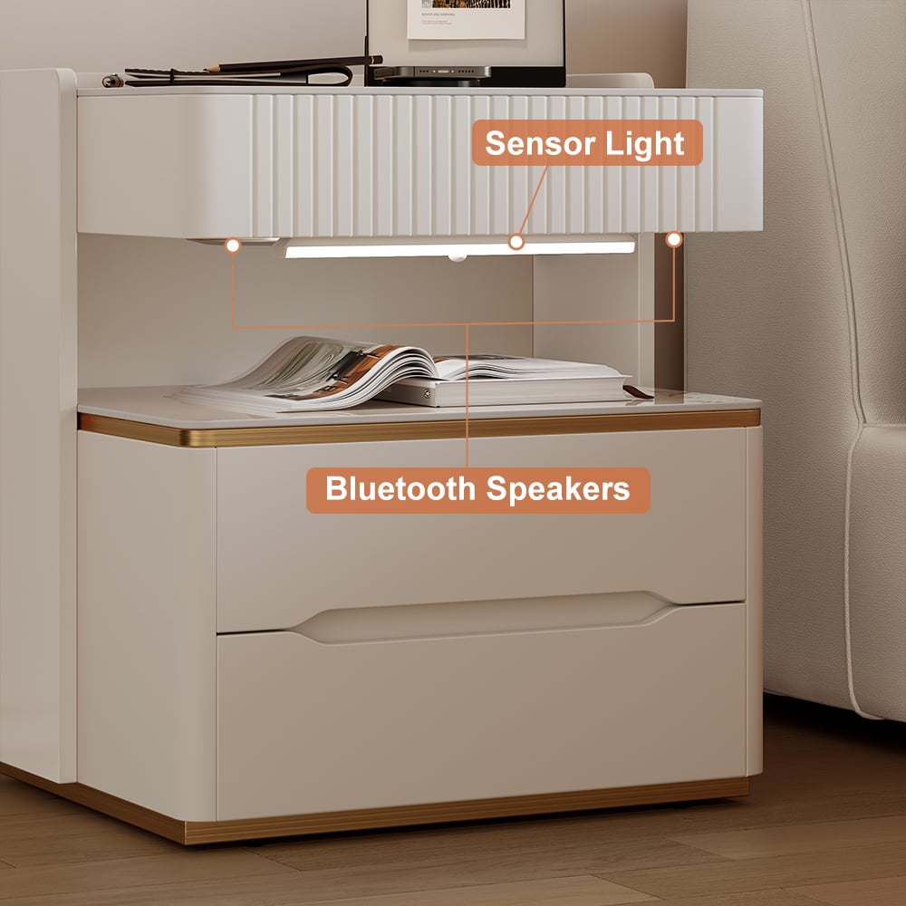 Homary White Wingback King Bed Headboard & 2 Nightstands Set with Wireless Charger  window image