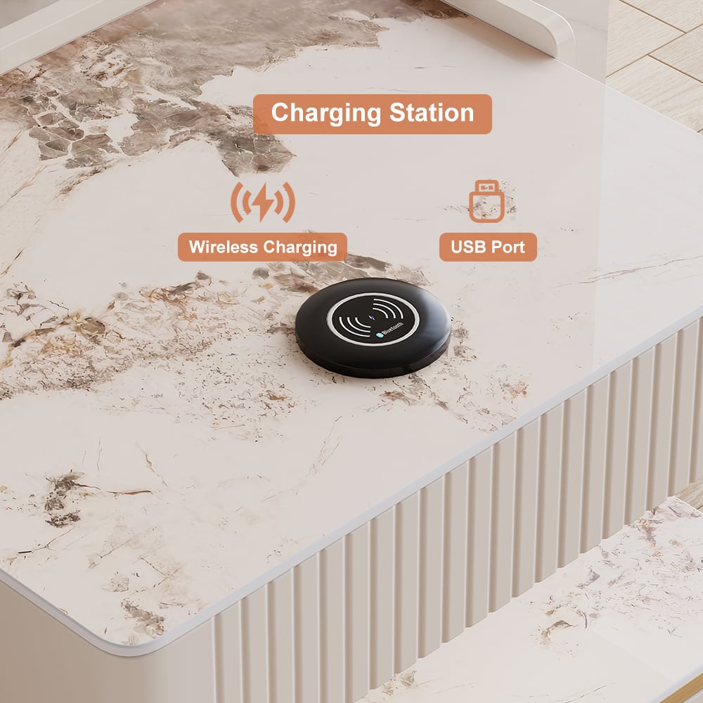 Homary White Wingback King Bed Headboard & 2 Nightstands Set with Wireless Charger  window image