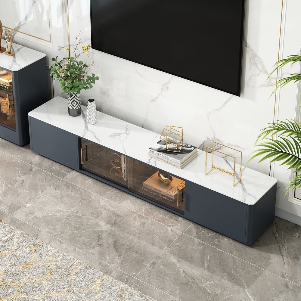 Questions et Réponses pour Meuble TV moderne de 2000 mm en grès cérame gris foncé avec 4 tiroirs