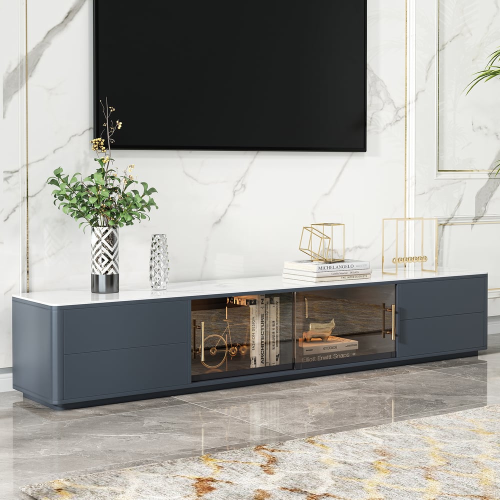 Questions and Answers for Modern Dark Grey TV Stand Stone Top 4-Drawer Glass Doors Media Console in Large