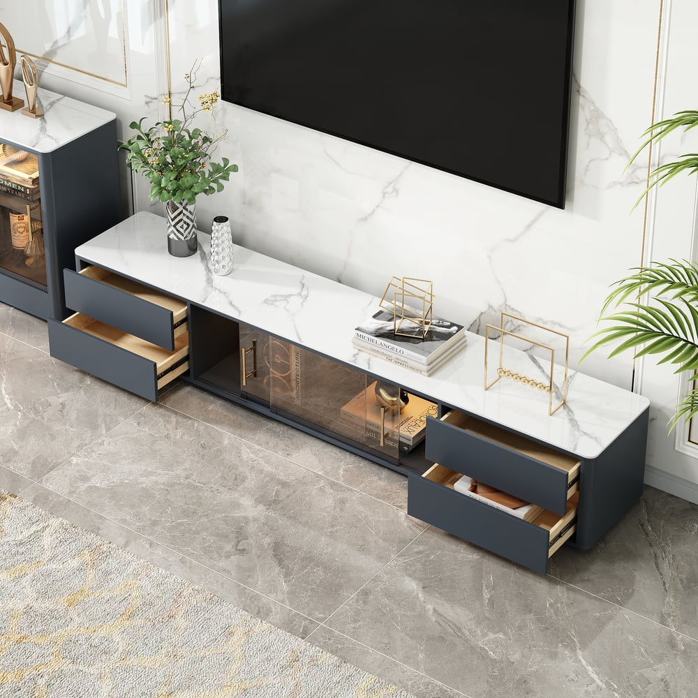 Questions and Answers for Modern Dark Grey TV Stand Stone Top 4-Drawer Glass Doors Media Console in Large