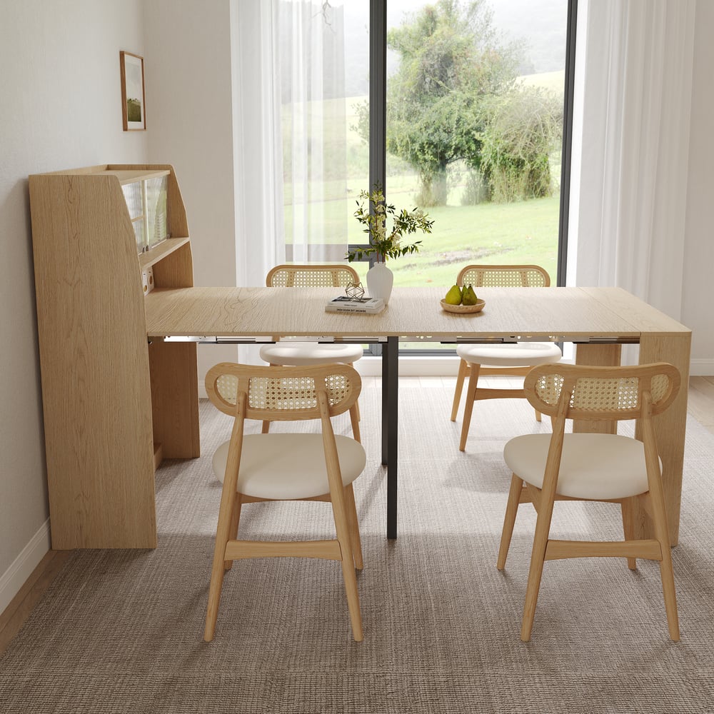 Questions et Réponses pour Ensemble table à manger extensible moderne et 4 chaises de salle à manger rembourrées, chaise d'appoint en bois de frêne