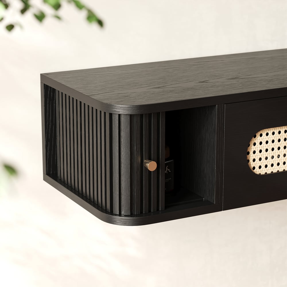 Domande e risposte per Supporto TV galleggiante con luce LED in rattan nero da 63"
