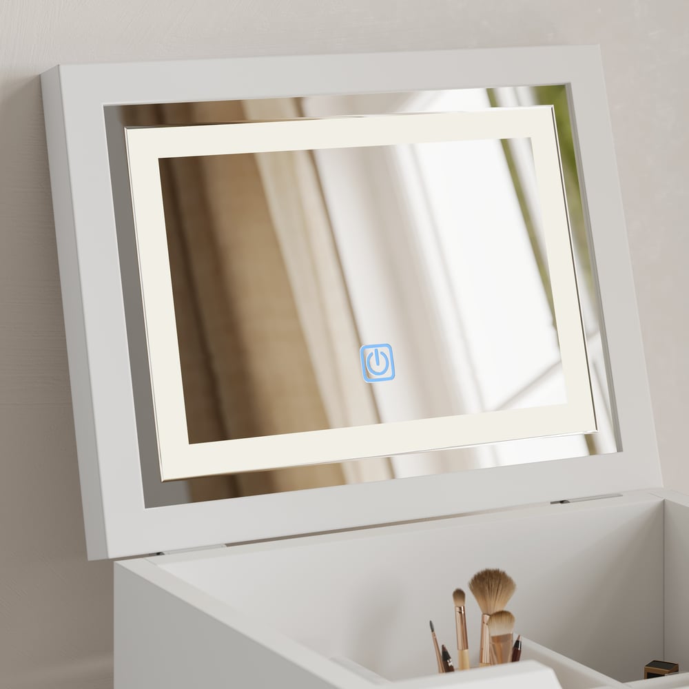 Questions et Réponses pour Commode de beauté à 5 tiroirs avec miroir LED et rangement pour bijoux
