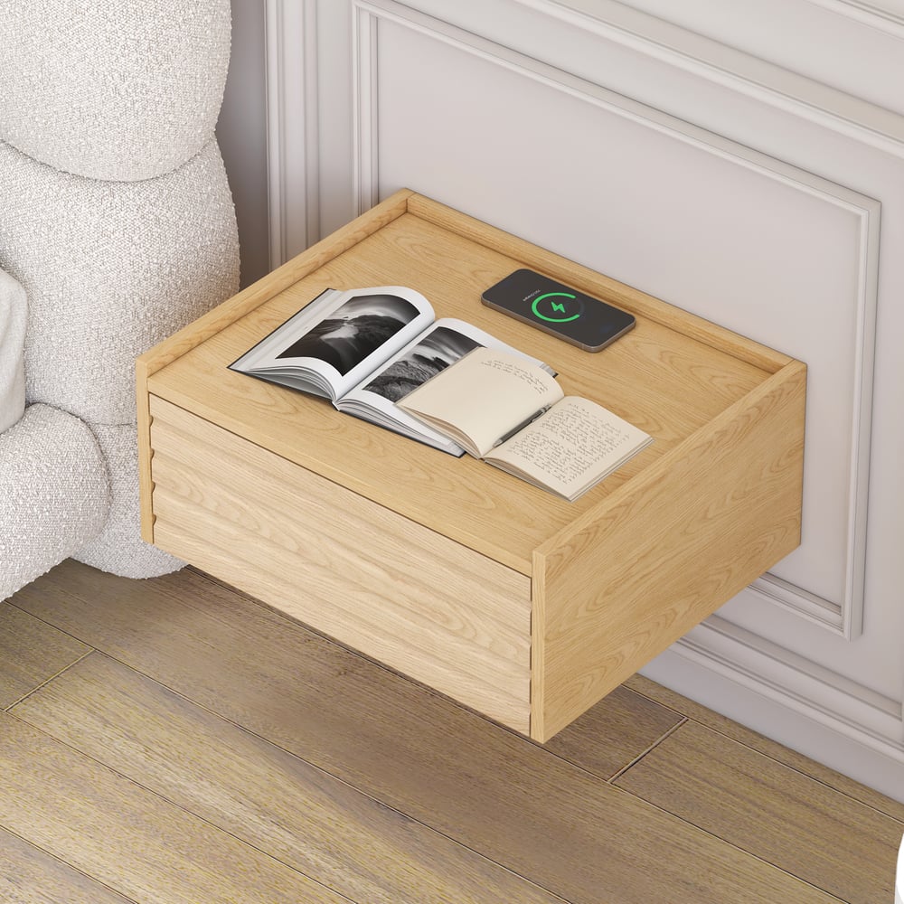Vragen en antwoorden voor Zwevend houten nachtkastje met verlichting en laadstation