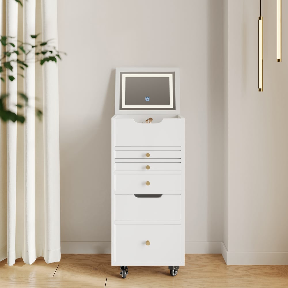 Questions et Réponses pour Commode de beauté à 5 tiroirs avec miroir LED et rangement pour bijoux