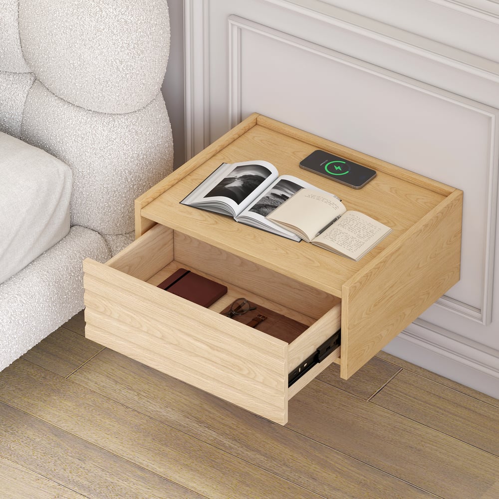 Vragen en antwoorden voor Zwevend houten nachtkastje met verlichting en laadstation