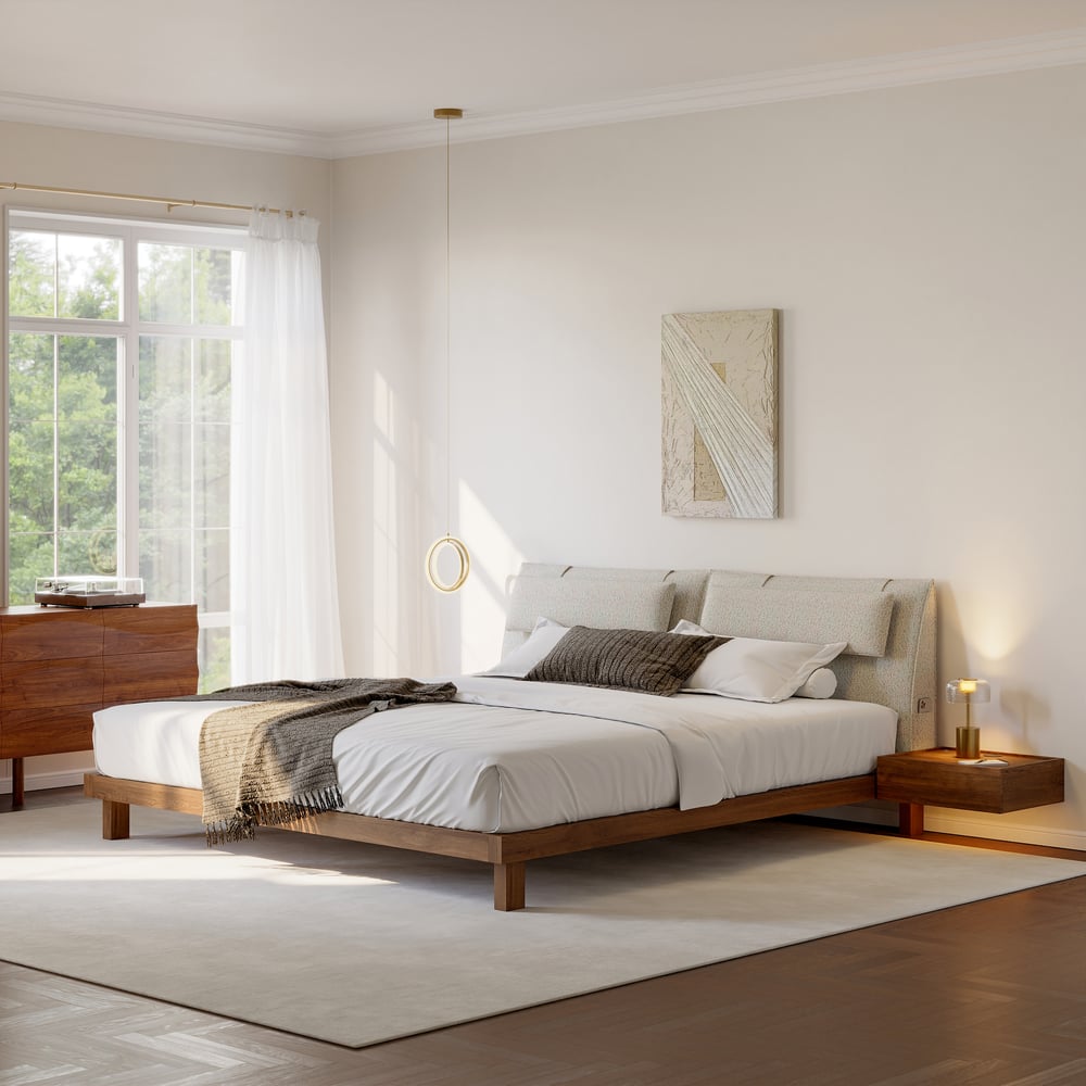 Customer Reviews for Walnut King Size Wood Platform Bed with Headboard and Floating Smart Nightstands