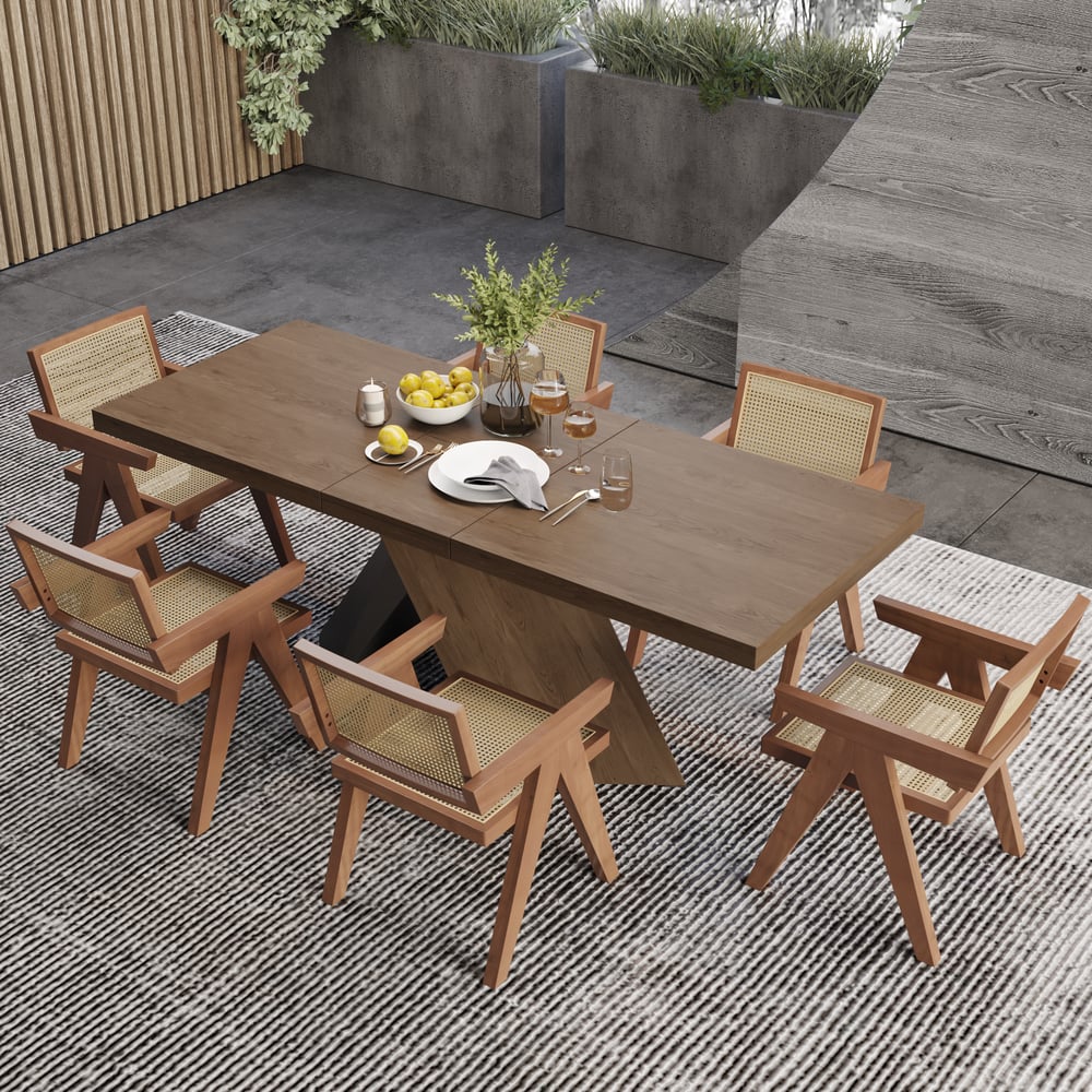 Avaliações de clientes sobre Mesa de jantar extensível de nogueira de 1630 mm a 2030 mm e 6 cadeiras de jantar de rattan Walnut Japandi