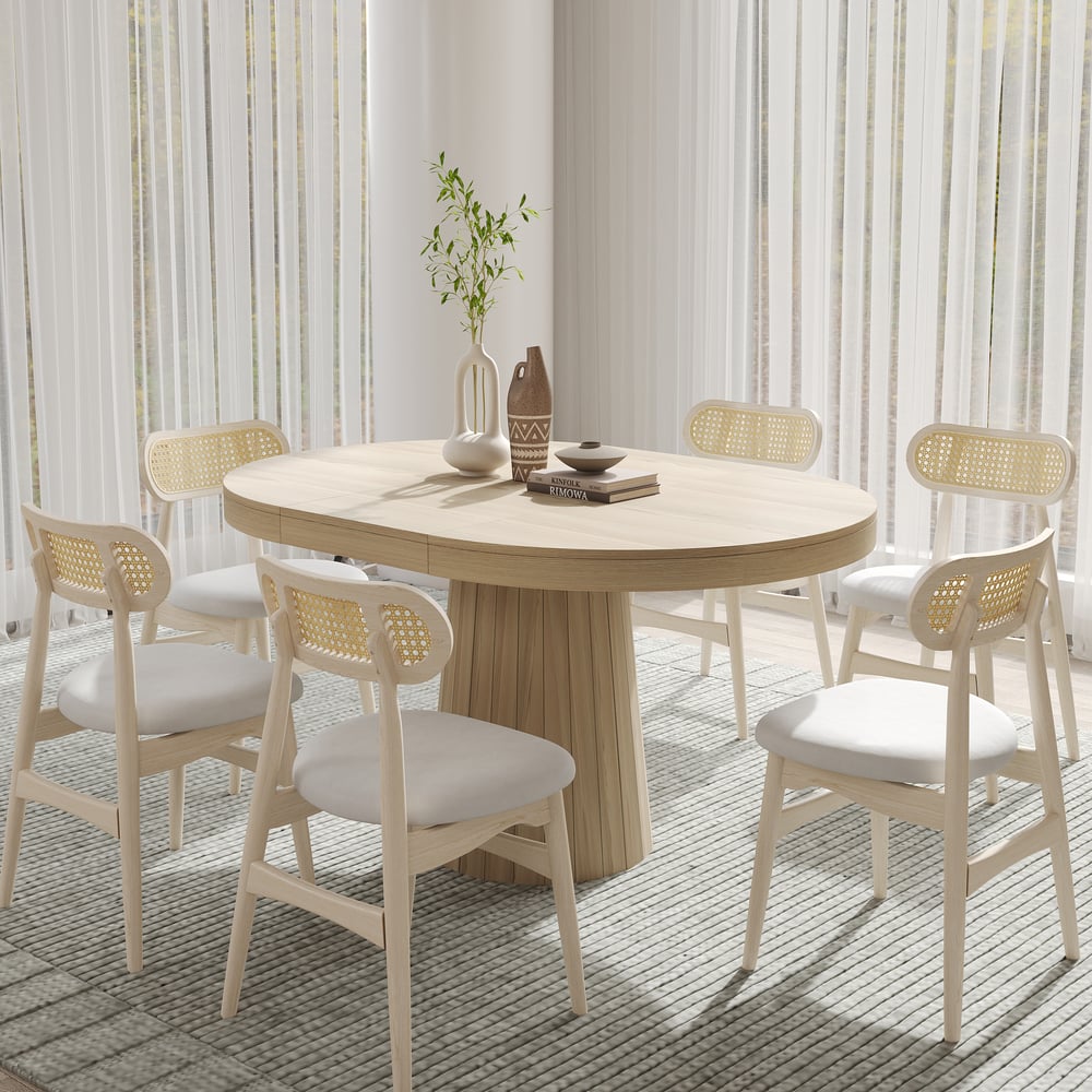 Questions and Answers for Japandi Extendable Dining Table & 6 Wood Rattan Upholstered Dining Chairs Set