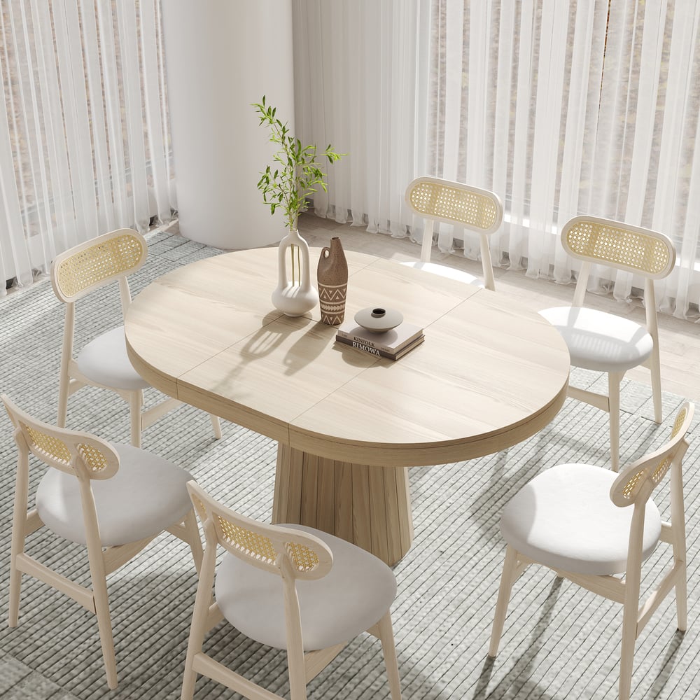 Questions and Answers for Japandi Extendable Dining Table & 6 Wood Rattan Upholstered Dining Chairs Set