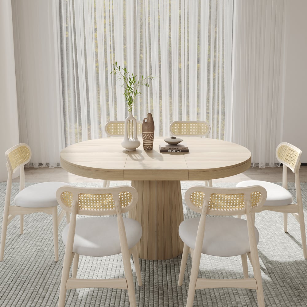 Questions and Answers for Japandi Extendable Dining Table & 6 Wood Rattan Upholstered Dining Chairs Set