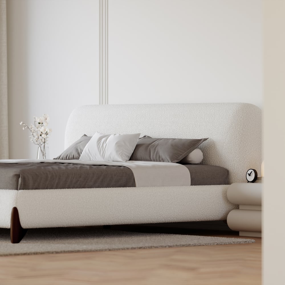 Curva White Boucle Platform King Size Bed & Bedroom Bench Set window image