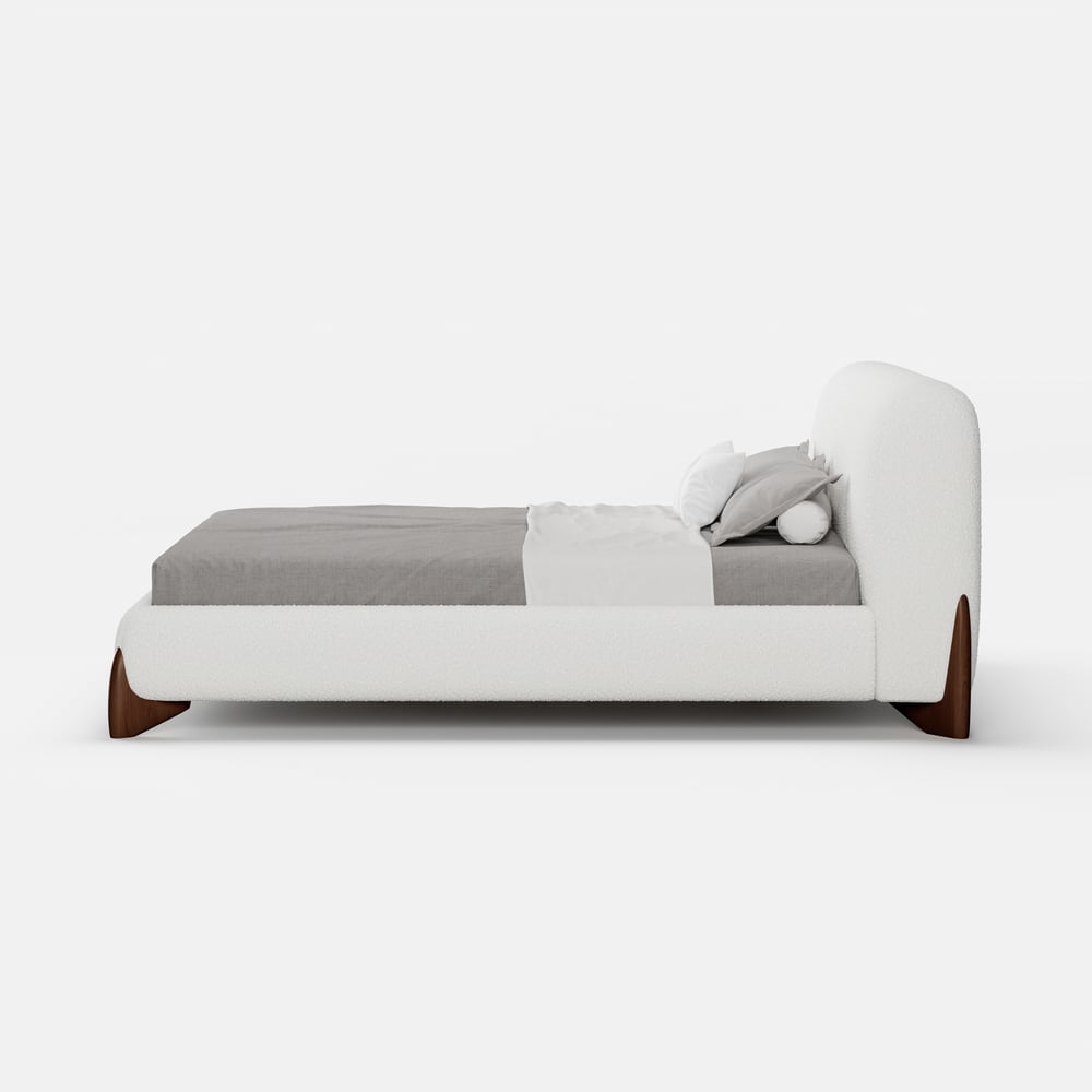 Curva White Boucle Platform King Size Bed & Bedroom Bench Set window image