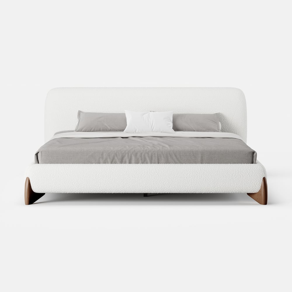 Curva White Boucle Platform King Size Bed & Bedroom Bench Set window image